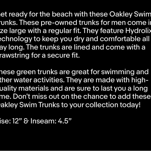 Oakley Swim Trunks Shirts Men’s Size Large Hydrolix Reg Fit Lined Drawstring - Picture 8 of 8